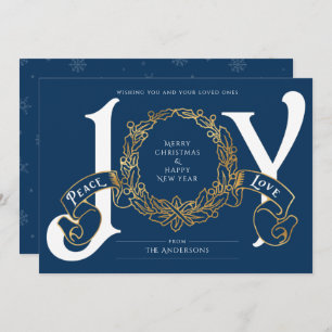 Blue Gold Joy Peace Liebe Custom Christmas Card