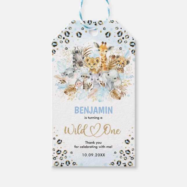 Blue Gold Jungle Animals Wild One Boy 1. Geburtsta Geschenkanhänger (Vorderseite)