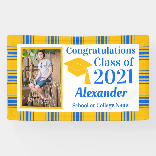 Blue Gold Kariert School Colors Abschluss Banner (Horizontal)