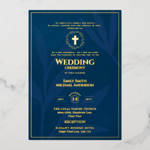 Blue Gold Katholic Wedding Elegante Formal Modern Folieneinladung