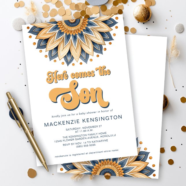 Blue Gold kommt hier zur Son Baby Dusche Einladung (Here comes the SON - cute navy blue and gold sunflower sunshine baby shower invitation)
