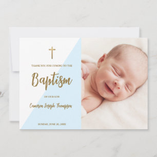 Blue Gold Kreuz Custom Modern Baby Boy Taufe Dankeskarte