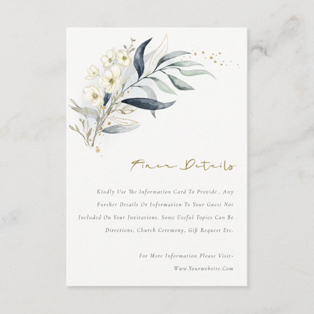 Blue Gold Leafy Botanical Floral Wedding Details Begleitkarte (Vorderseite)