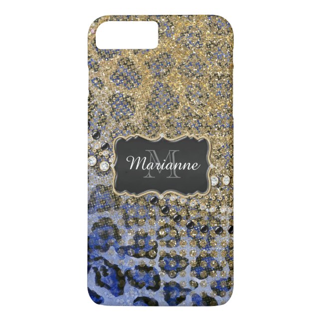 Blue Gold Leopard Animal Print Glitzer Look Jewel Case-Mate iPhone Hülle (Rückseite)
