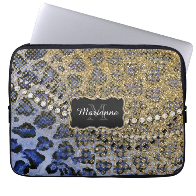 Blue Gold Leopard Animal Print Glitzer Look Jewel Laptopschutzhülle (Vorderseite)