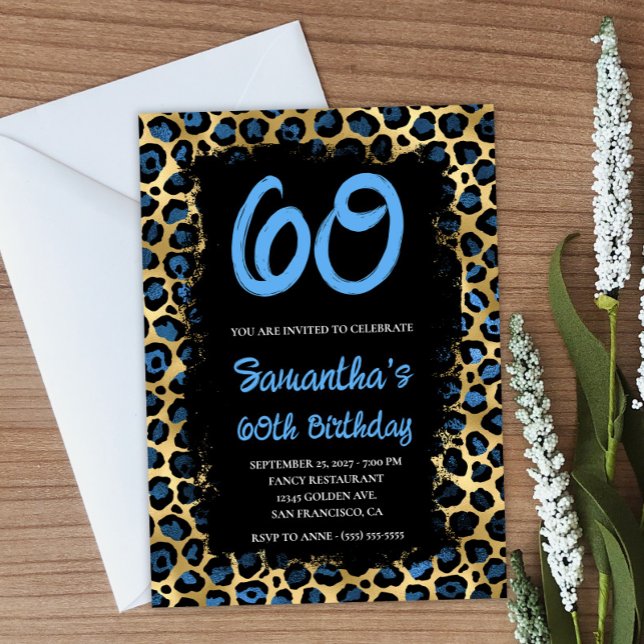 Blue Gold Leopard Painted Black 60. Geburtstag Einladung (Create your own blue and gold leopard birthday invitation.)