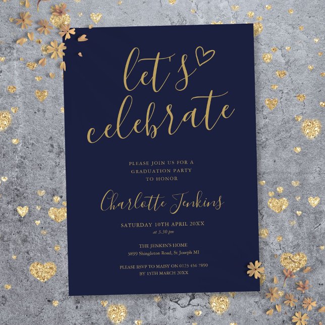 Blue Gold Let's Celebrate Script Graduation Party Einladung (Blue Gold Let's Celebrate Script Graduation Party Invitation)