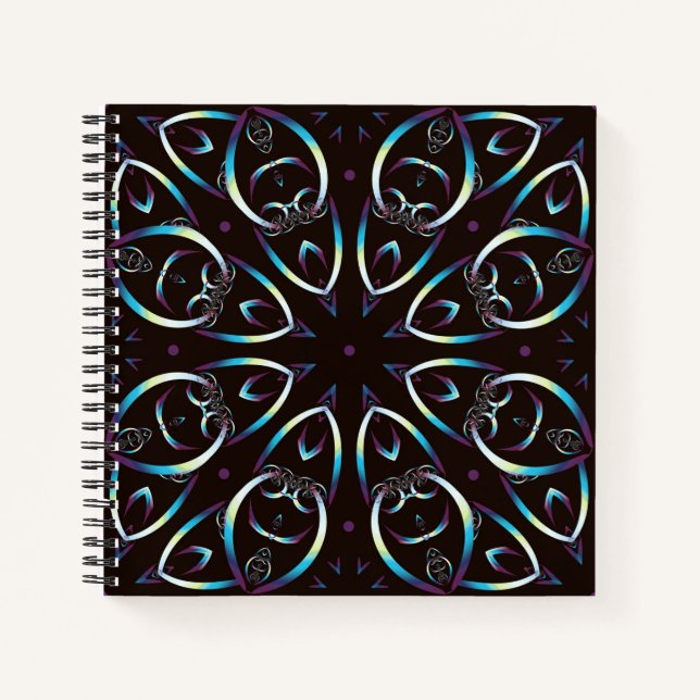 Blue Gold Lilac Glow Mandala Muster Notizbuch (Vorderseite)