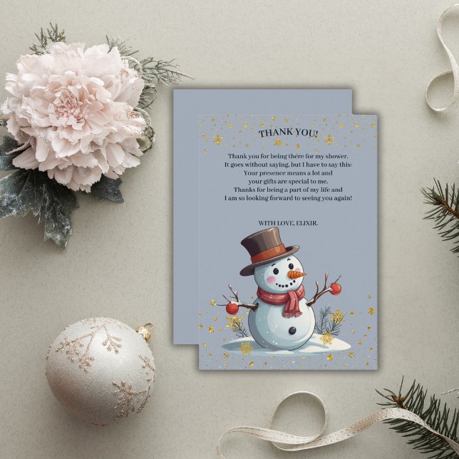 Blue & Gold Little Snowflakes Snowman Baby Dusche Dankeskarte (Von Creator hochgeladen)