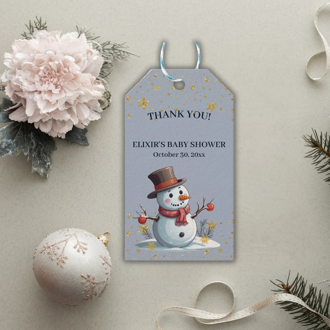 Blue & Gold Little Snowflakes Snowman Baby Dusche Geschenkanhänger (Von Creator hochgeladen)