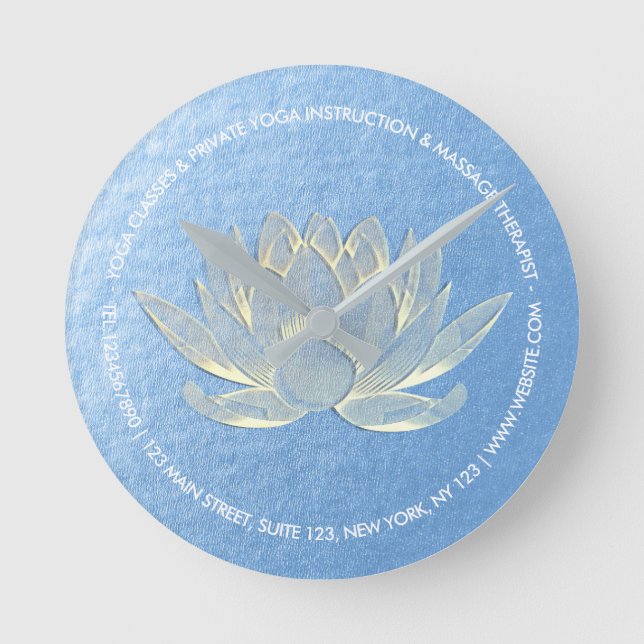 Blue Gold Lotus Yoga Studio Meditation Instructor Runde Wanduhr (Vorderseite)