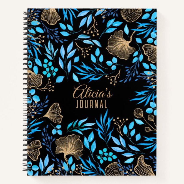 Blue Gold Luxus Floral Watercolor Notizbuch (Vorderseite)