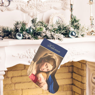 Blue & Gold Madonna und Kind Religiöse katholische Kleiner Weihnachtsstrumpf