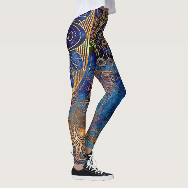 Blue Gold Mandala Celestial Steampunk Pattern Leggings (Rechts)