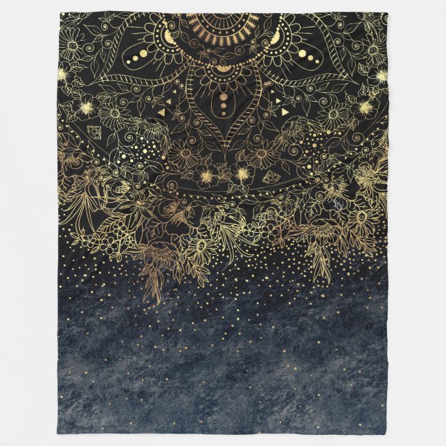 Blue Gold Mandala Floral Fleecedecke (Vorderseite)
