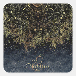 Blue Gold Mandala Floral Quadratischer Aufkleber