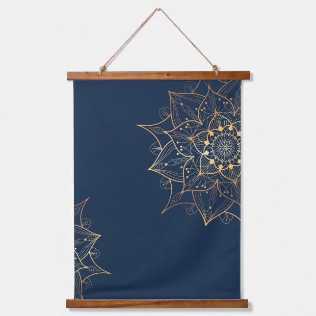 Blue & Gold Mandala | Islamische Kunst Inspiriert Wandteppich Mit Holzrahmen (Vorderseite)