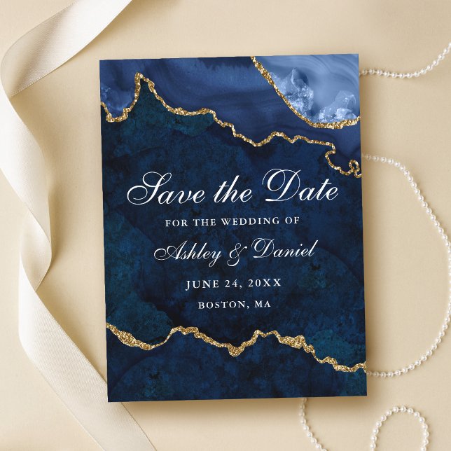 Blue Gold Marble Agate Geode Save the Date Ankündigungspostkarte (Customize to change text size or text style.)