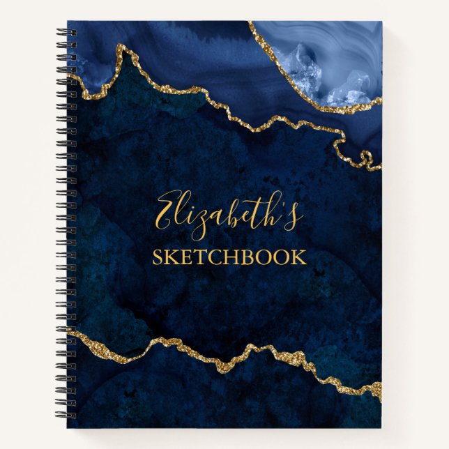 Blue Gold Marble Agate Geode Sketchbook Notizbuch (Vorderseite)