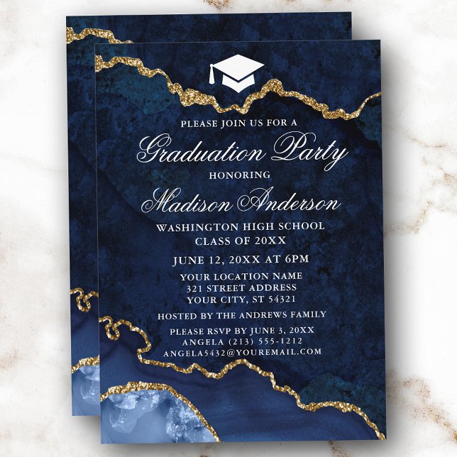 Blue Gold Marble Agate Graduation Party Einladung (Customize to change text size, style or to add more text or photos to back of card.)