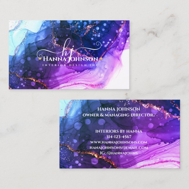 Blue Gold Marble Agate Monogram Anfangsgeode Visitenkarte (Vorne/Hinten)