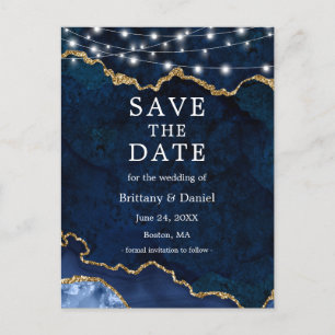Blue Gold Marble Geode Lights Save the Date Ankündigungspostkarte