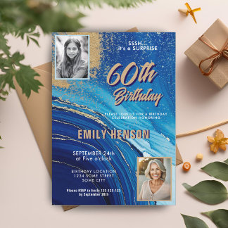 Blue Gold Marble Glitzer 2 Foto 60. Geburtstag Einladung