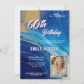 Blue Gold Marble Glitzer Foto 60. Geburtstag Einladung