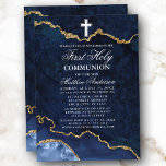 Blue Gold Marmor Agate Geode Erste heilige Kommune Einladung<br><div class="desc">Moderne Elegante Wasserfarbe Blau und Gold Marmor Agate Geode Erste Heilige Kommunion Einladung</div>