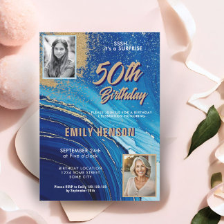 Blue Gold Marmor Glitzer 2 Foto 50. Geburtstag Einladung