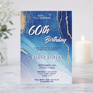 Blue Gold Marmor Glitzer 60. Geburtstag Einladung