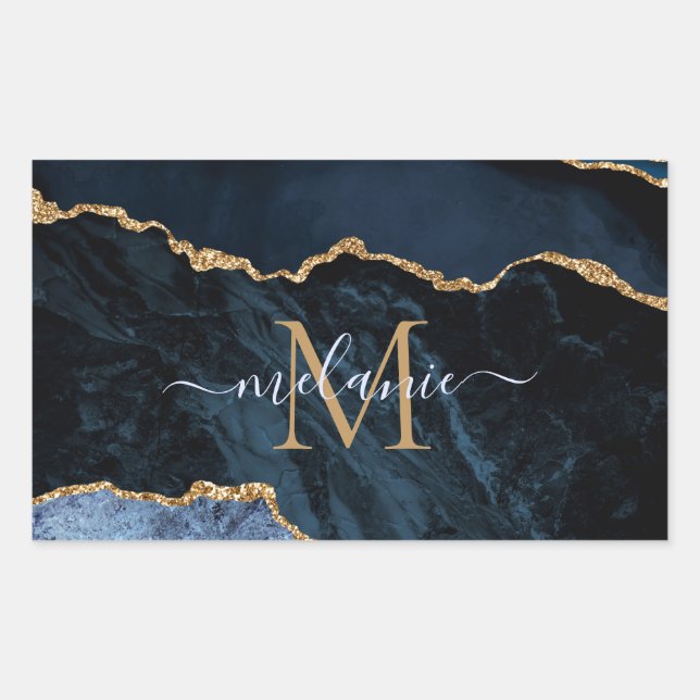 Blue-Gold-Marmor-Individuelle Name Briefaufkleber Rechteckiger Aufkleber (Vorderseite)