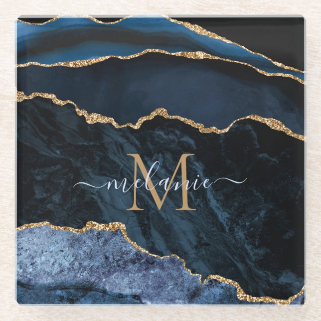 Blue Gold Marmor Monogram Name Glass Untersetzer (Vorderseite)