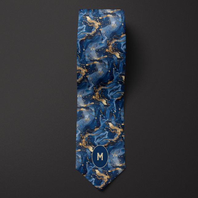 Blue & Gold-Marmormonogramm Krawatte (Von Creator hochgeladen)