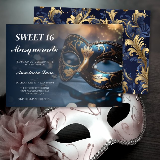 Blue Gold Masquerade Geburtstag Einladung (Von Creator hochgeladen)