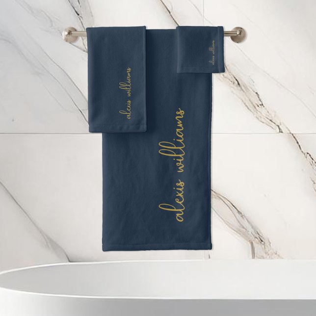 Blue Gold Minimalistisch Script Signature Monogram Badhandtuch Set (Von Creator hochgeladen)