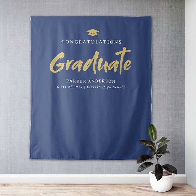 Blue Gold Modern Brush Script Graduation Party Wandteppich (Blue Gold Modern Brush Script Graduation Party Tapestry)