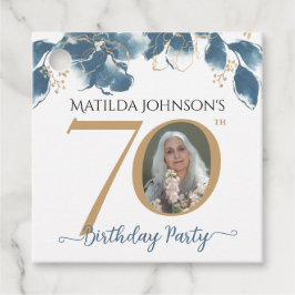 Blue Gold Modern Floral Custom Foto 70. Geburtstag Geschenkanhänger