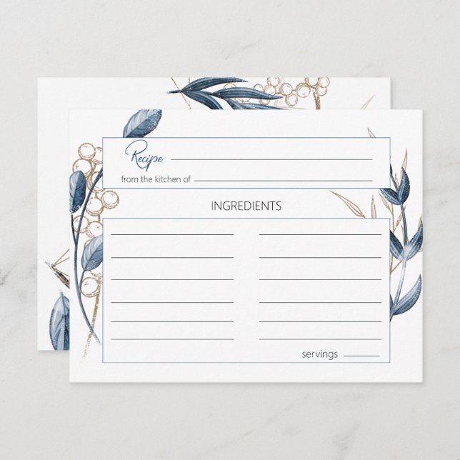 Blue Gold Modern Floral Wedding Card Mitteilungskarte (Vorne/Hinten)