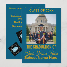 Blue Gold Modern Photo Class Graduation Invitation Feiertagskarte