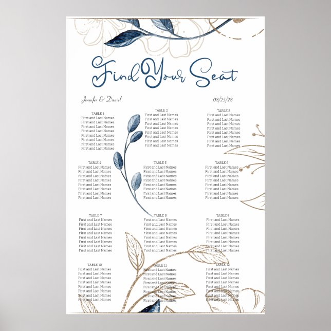 Blue Gold Moderne, florale Elegante Seating Chart Poster (Vorne)