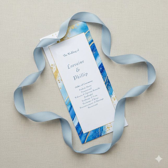 Blue Gold Moderne Ordnung der Zeremonie Hochzeit Programm (Blue and gold wedding program)
