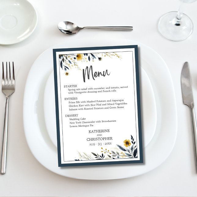 Blue Gold Modernes elegantes Blumenmenü Menükarte (Blue Gold Floral Elegant Wedding Menu with entree and dessert options.)
