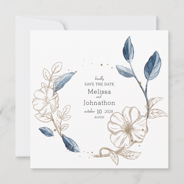 Blue Gold Modernes Floral Elegante Save The Date (Vorderseite)