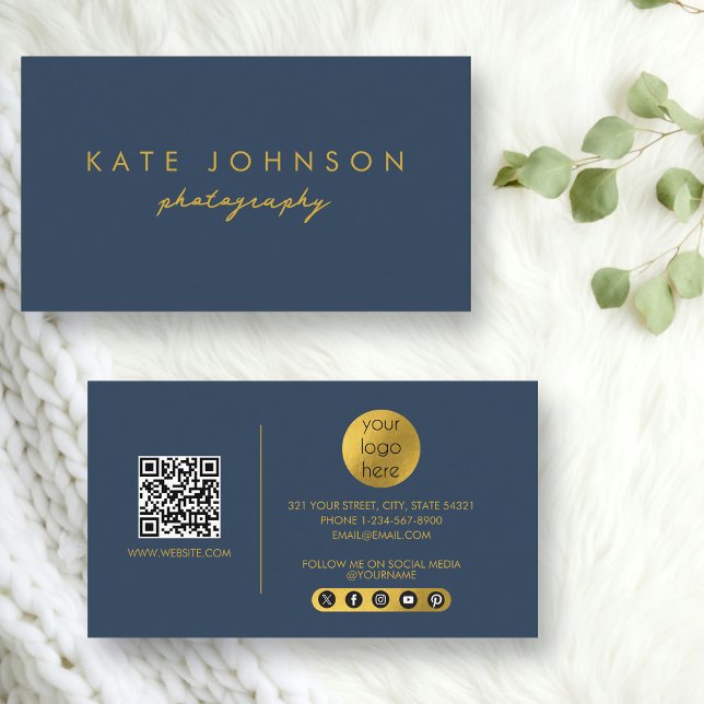Blue Gold Modernes Script QR Code Social Media B Visitenkarte (Blue Gold Modern Script QR Code Social Media B Business Card)