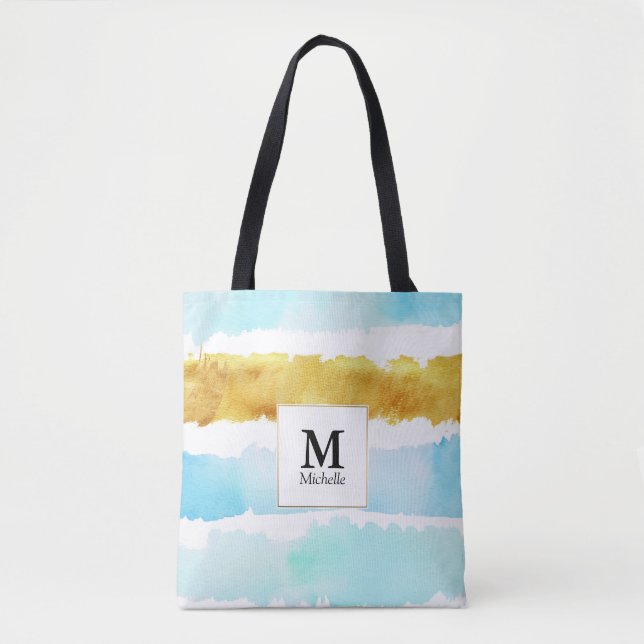 Blue & Gold Monogram Strip Tote Bag