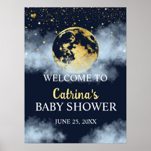 Blue Gold Moon & Stars Baby Dusche Begrüßungszeich Poster