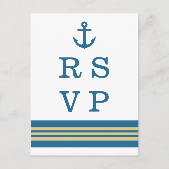 Blue Gold Nautic Anchor Wedding RSVP Postcard Einladungspostkarte (Vorderseite)