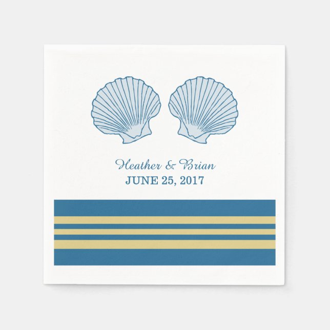 Blue Gold Nautic Seashells Paper Napkins Serviette (Vorderseite)