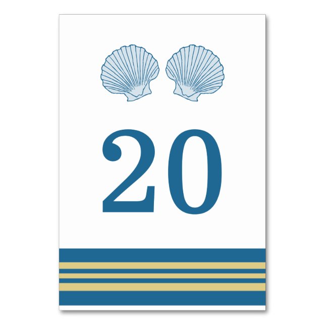 Blue Gold Nautic Seashells Table Card Tischnummer (Vorderseite)
